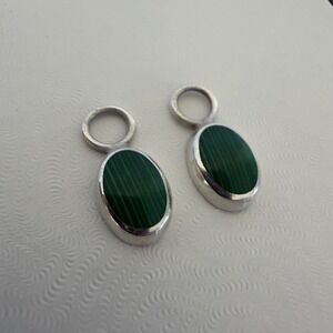 925 Sterling Silver Malachite Oval Pendants Pair Green Striped Cabochon